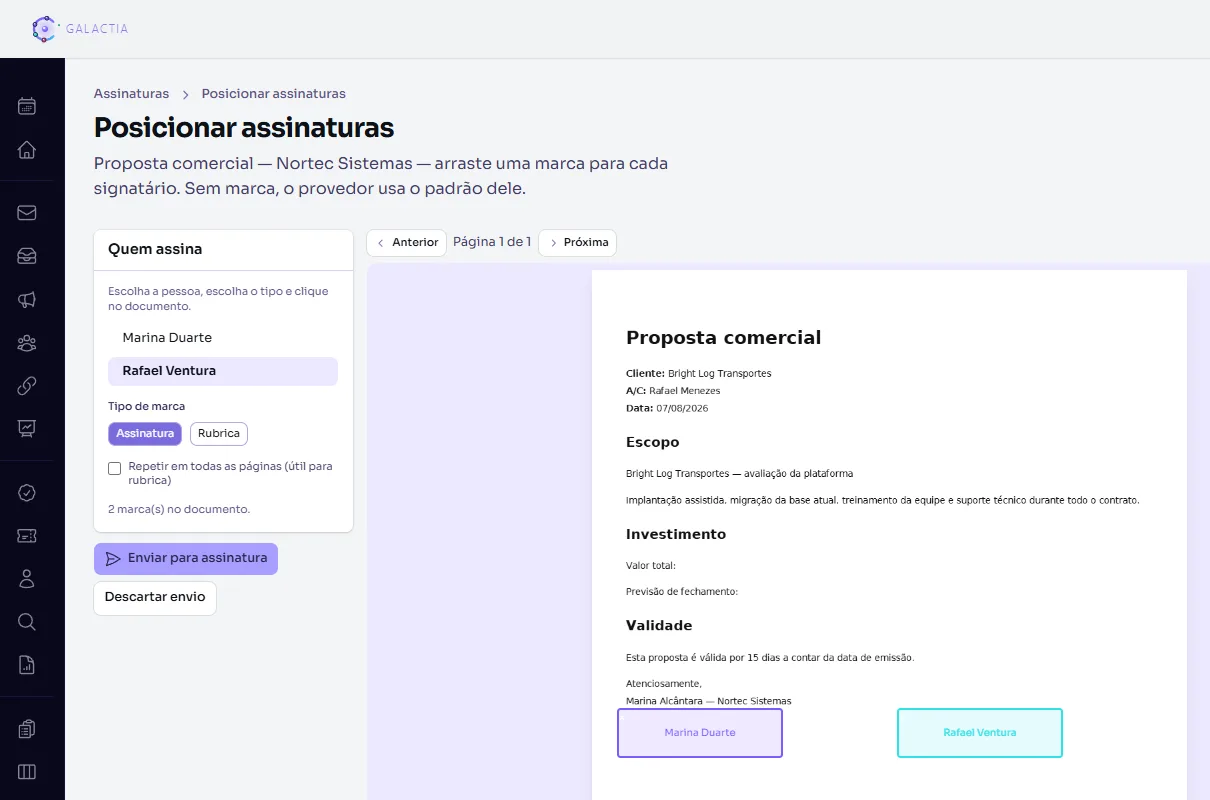 Tela do Galactia para posicionar assinaturas: o documento aberto com duas marcas arrastadas para o rodapé, uma para cada signatário