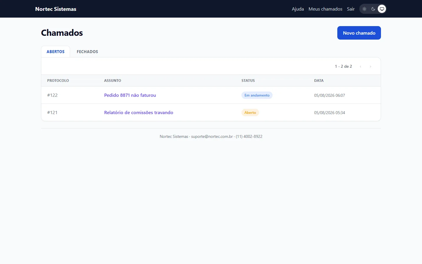 Portal do cliente do Galactia listando os chamados abertos com protocolo, assunto e situação